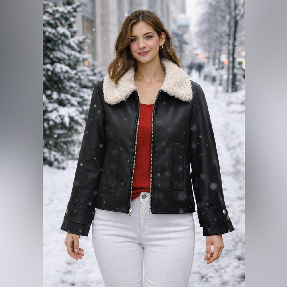 Mango Black Faux Leather Jacket with faux fur collar